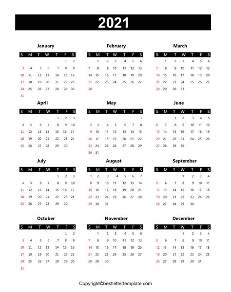 Printable Yearly 2021 Calendar Template in PDF, Word & Excel