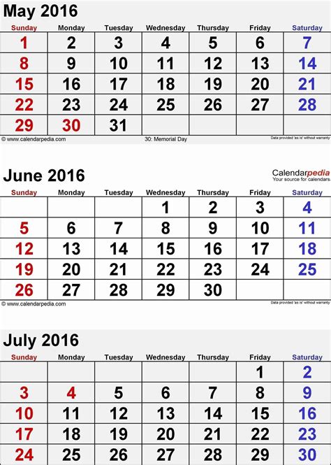 3 Month Calendar Template Word