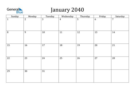 January 2040 Calendar - PDF Word Excel