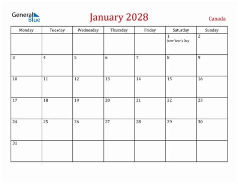 January 2028 - Canada Monthly Calendar with Holidays