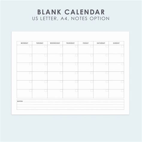 Blank Monthly Calendar With Notes, Fillable Printable PDF Calendar ...
