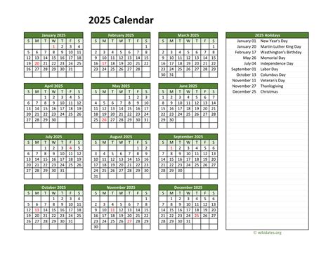 Printable 2025 Calendar with Federal Holidays | WikiDates.org