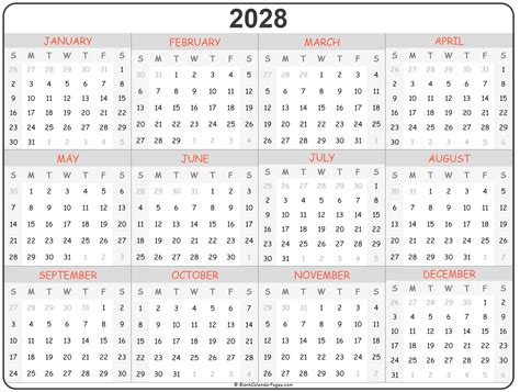 2028 year calendar | yearly printable