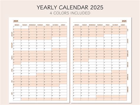 Yearly Calendar 2025, Printable Calendar 2025, Year at A Glance 2025 ...