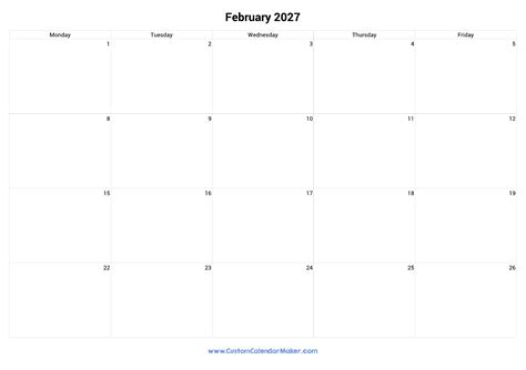 February 2027 Calendar Weekdays Only | Monday to Friday | Custom ...