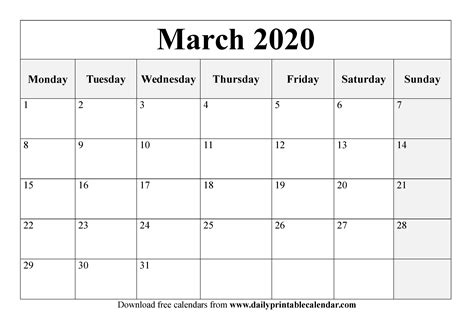 Free March 2020 Printable Calendar - Blank Templates