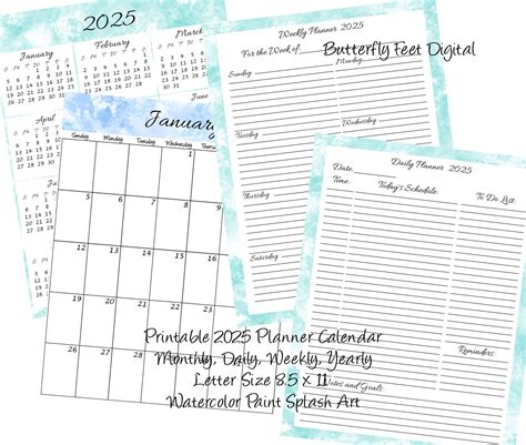Printable 2025 Planner Calendar Daily Weekly Yearly Monthly Watercolor ...