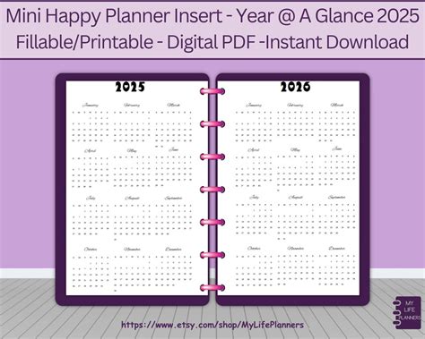 Year at a Glance 2025, Fillable, Printable, Calendar, Planner Insert ...