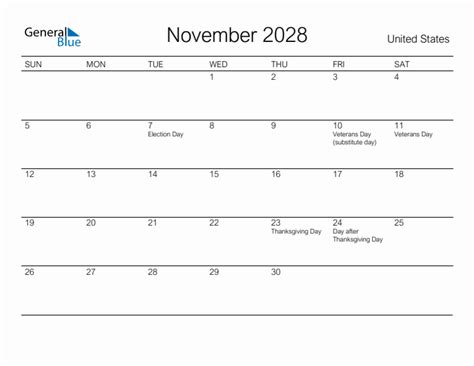 November 2028 Monthly Calendar with United States Holidays