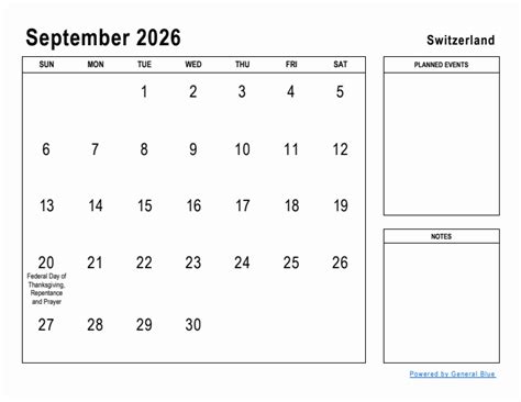 September 2026 Planner with Switzerland Holidays