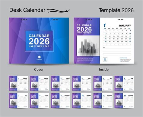 Desk Calendar 2026 template set and Blue cover design, Set of 12 Months ...