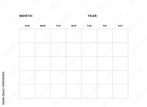 Sunday Start Monthly Calendar Template, Printable Undated Calendar ...