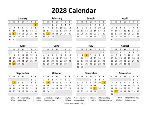 Free Printable Calendar 2028 (Word, PDF, Excel)