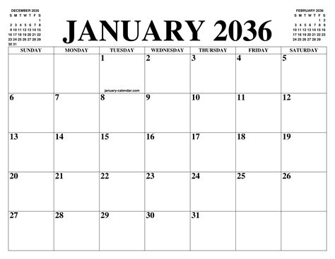 JANUARY 2036 CALENDAR OF THE MONTH: FREE PRINTABLE JANUARY CALENDAR OF ...