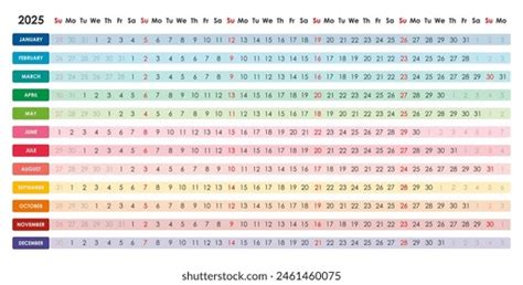 Linear Calendar 2025 Horizontal Color English Stock Vector (Royalty ...