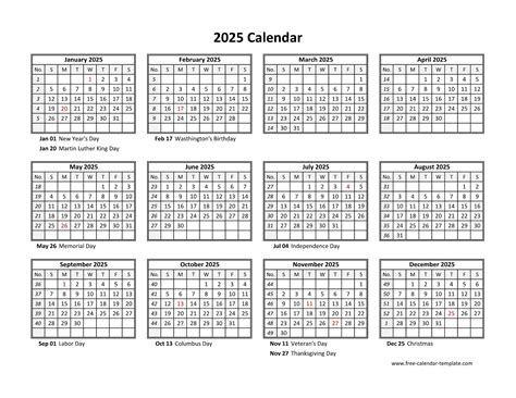 Yearly calendar 2025 printable with federal holidays | Free-calendar ...