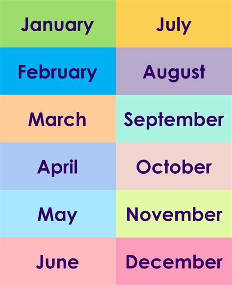 Months Of The Year Printable Chart