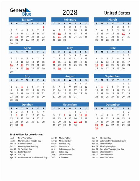 2028 Printable Calendar with United States Holidays