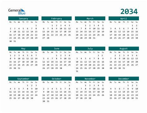 2034 Yearly Calendar Templates with Monday Start