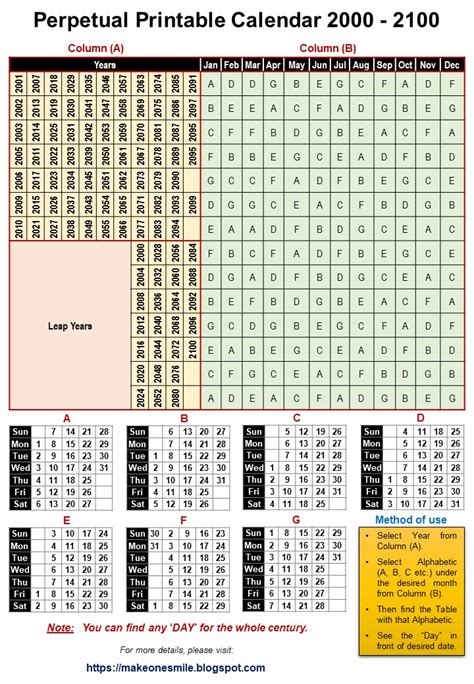 Perpetual Calendar | 100 Year Perpetual Calendar | Perpetual Calendar ...