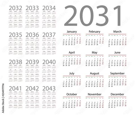 Simple calendar 2031 on white background. Vector illustration Stock ...