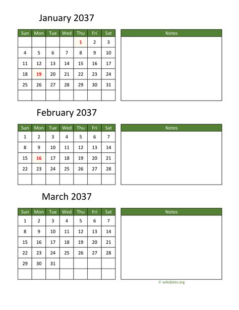 Printable 2037 Calendar | WikiDates.org