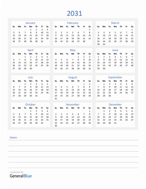 Free 2031 Calendars in PDF, Word, Excel