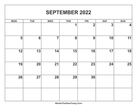 September 2022 Calendar | Whatisthedatetoday.Com