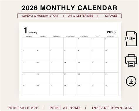 2026 Calendar 2026 Monthly Planner 2026 Minimal Calendar 2026 - Etsy