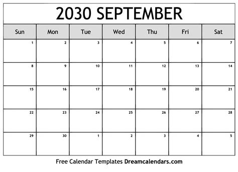 September 2030 Calendar - Free Printable with Holidays and Observances