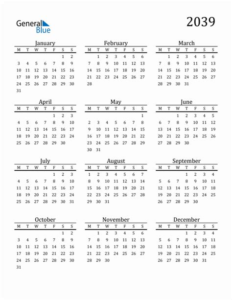 2039 Yearly Calendar Templates with Monday Start