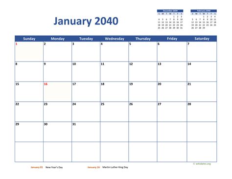 Monthly 2040 Calendar Classic | WikiDates.org