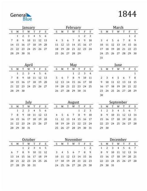 Free 1844 Calendars in PDF, Word, Excel