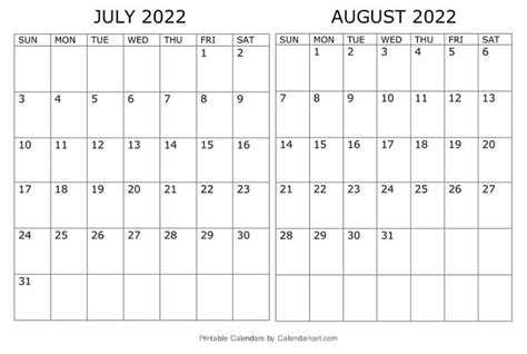 Printable July August 2021 Calendar - CALENDARKART