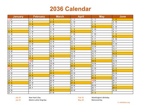 2036 Calendar on 2 Pages, Landscape Orientation | WikiDates.org