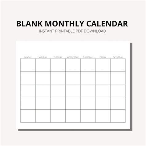 Blank Monthly Calendar Printable PDF Wall Calendar Minimalistic ...