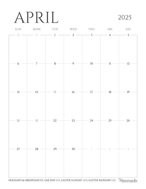 April 2025 Calendar Printable with Holidays