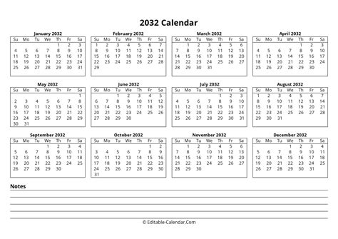 Download Editable 2032 Calendar With Notes, weeks start on Sunday