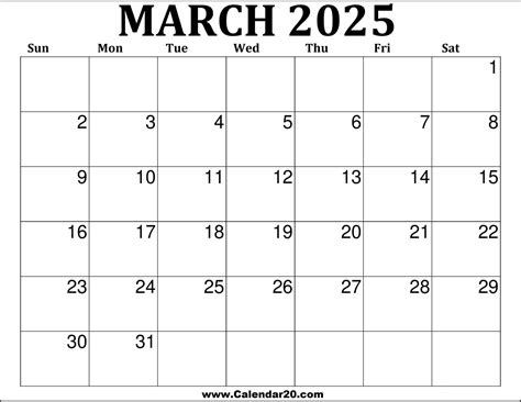 March 2025 Printable Calendar - Calendar20.com