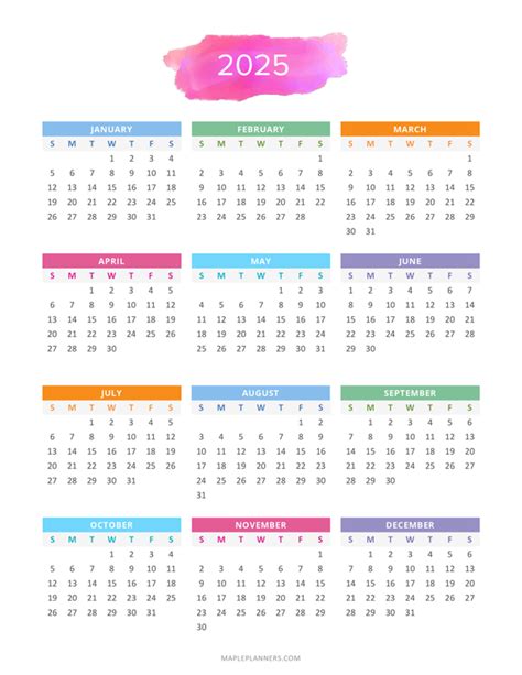 Yearly Calendar Printable 2025 - Guillermo Roy