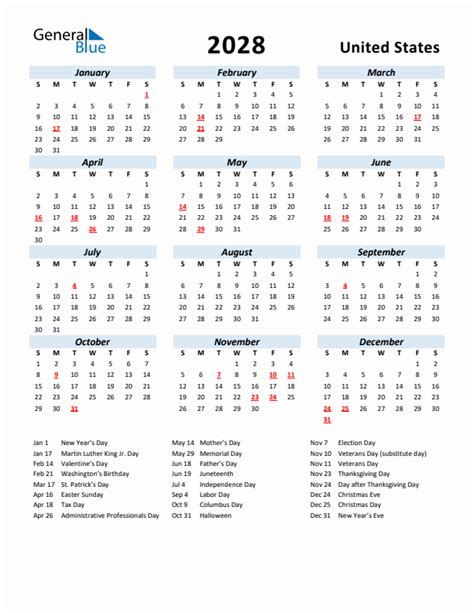 2028 United States Calendar with Holidays
