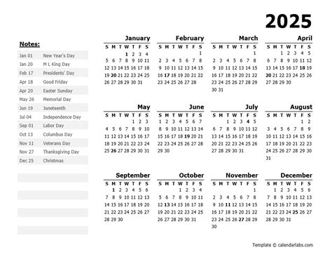2025 Year Calendar Template with US Holidays - Free Printable Templates