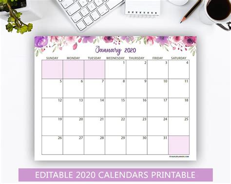 Editable 2020 Monthly Calendars Printable - Maple Planners