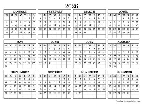 2026 Blank Yearly Calendar Landscape - Free Printable Templates