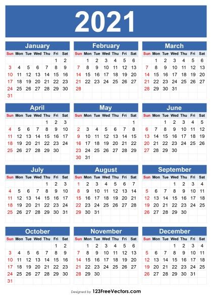 Free 2021 Yearly Calendar Printable