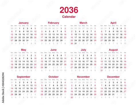 Calendar 2036 - 12 months yearly calendar in year 2036 - calendar ...