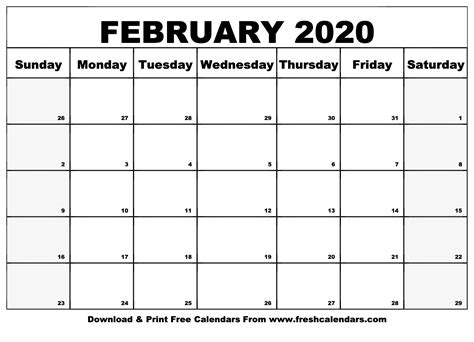 Free Printable February 2020 Calendar