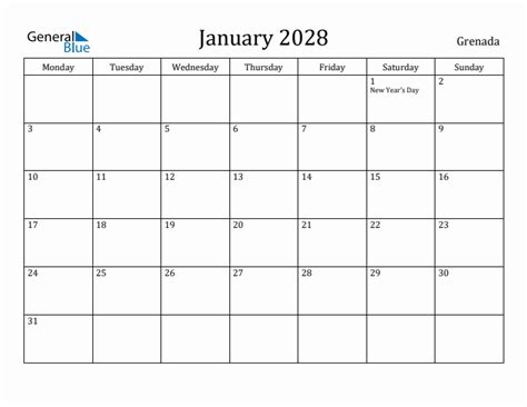 January 2028 - Grenada Monthly Calendar with Holidays