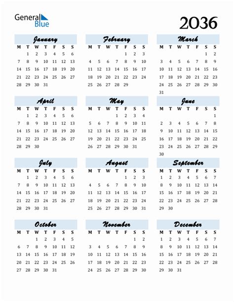 2036 Yearly Calendar Templates with Monday Start
