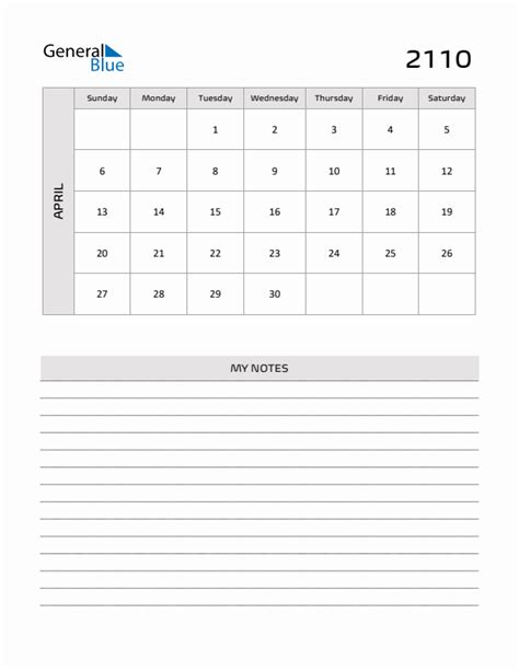 April 2110 Monthly Calendar (PDF, Word, Excel)